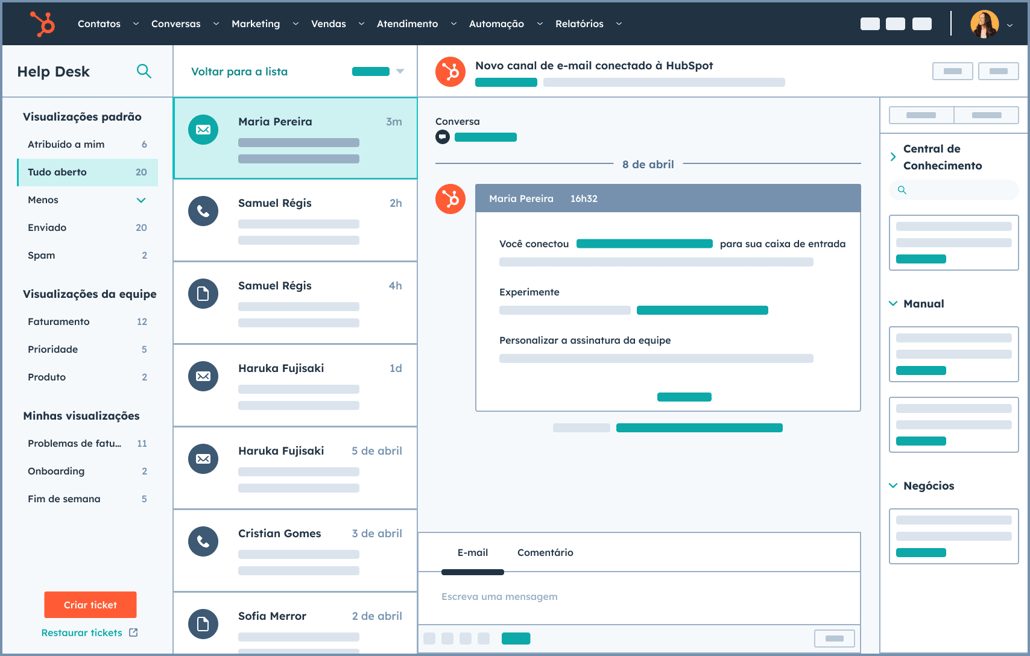 Ferramenta de help desk da HubSpot mostrando quadro de tickets